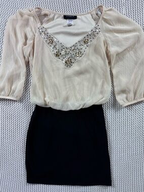 B. Darlin Vintage Cream Black Jeweled Neckline Blouson Cocktail Dress Size 3/4